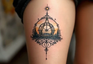 A vintage sundial bathed in a soft sunset glow, symbolizing how time is measured differently in every era. tattoo idea