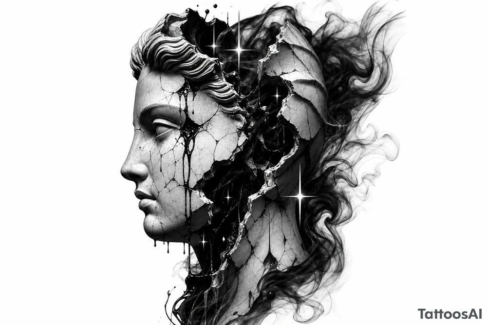 Black and grey tattoo design of a broken marble statue face split down the middle, side view profile, realistic shattered porcelain effect, dark wispy smoke and liquid pouring out of the cracks, Chicano tattoo shading, heavy blackwork background, sharp 4-point sparkle stars, high contrast, clean white background, detailed tattoo stencil style on side neck tattoo idea