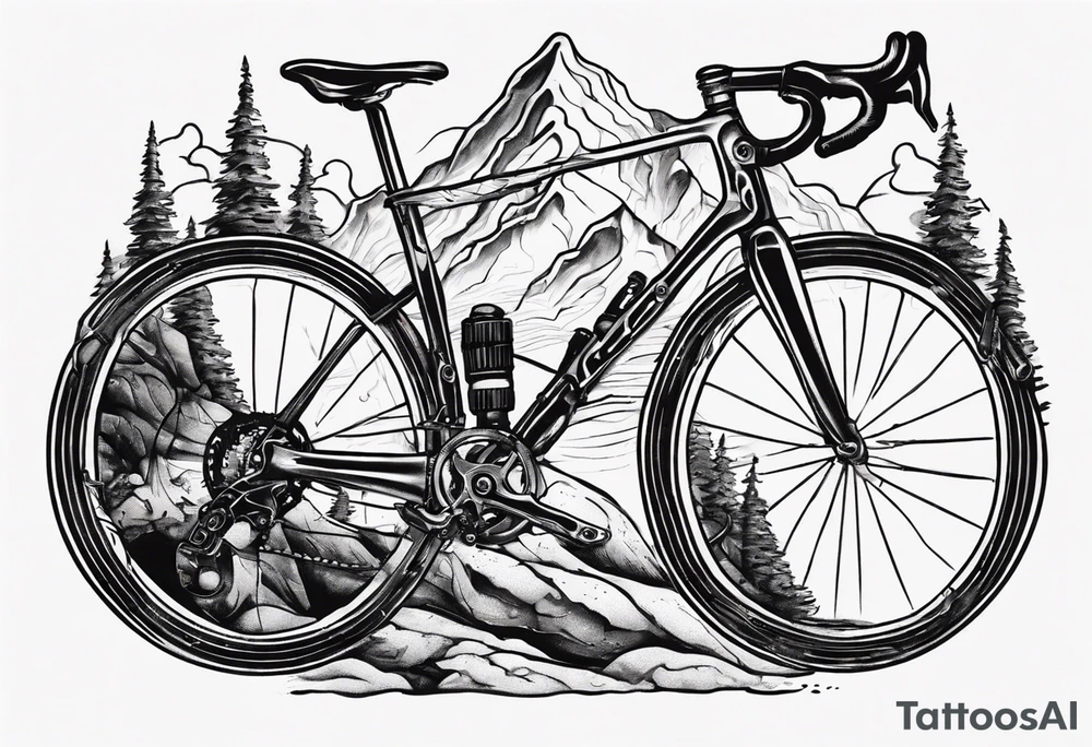 BMC road bicycle on a mountain sitting on a dumbbell tattoo idea