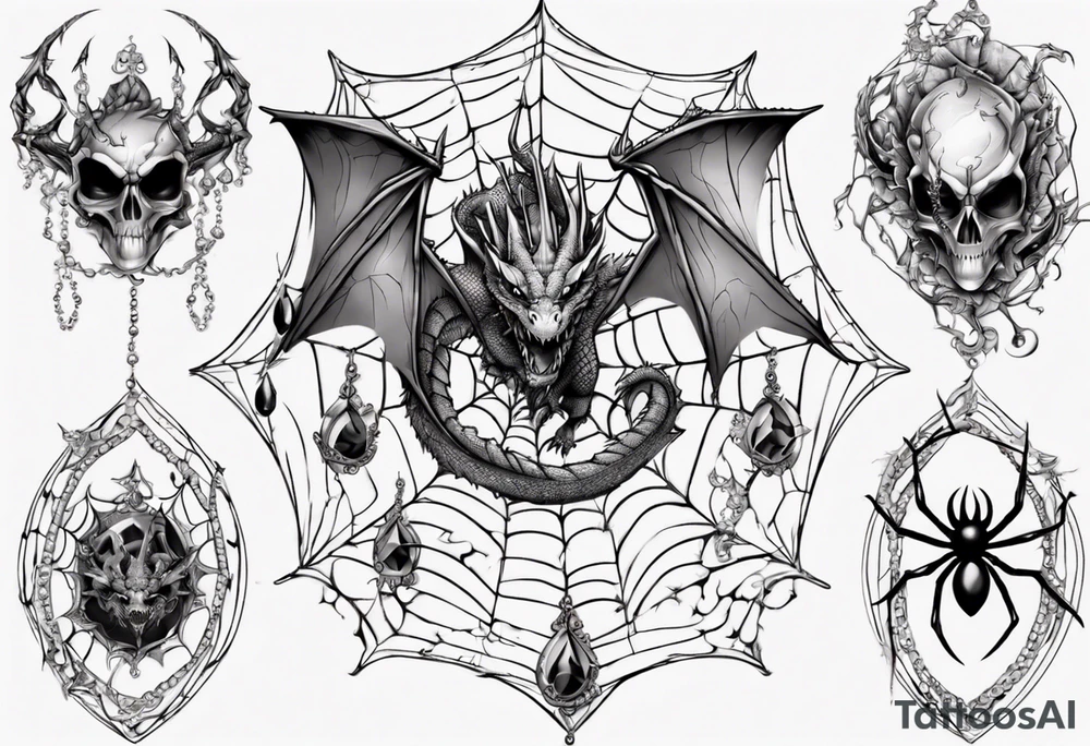 Dragon in a spiral spiderweb with jewels and shattered chalices and one spider tattoo idea