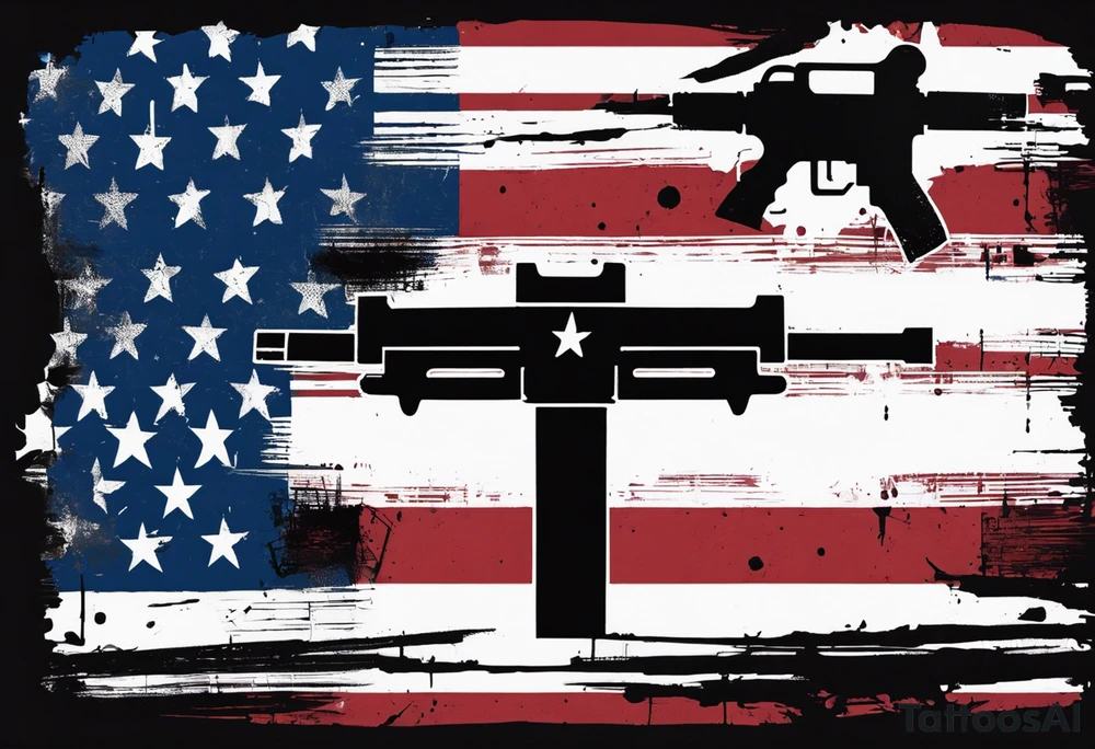 Distressed American flag behind a cross with 2 guns leaned on it simpler tattoo idea