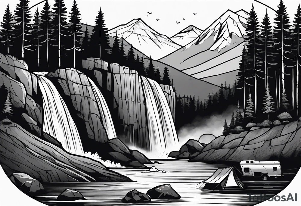 waterfall going into a river with a camp site tattoo idea