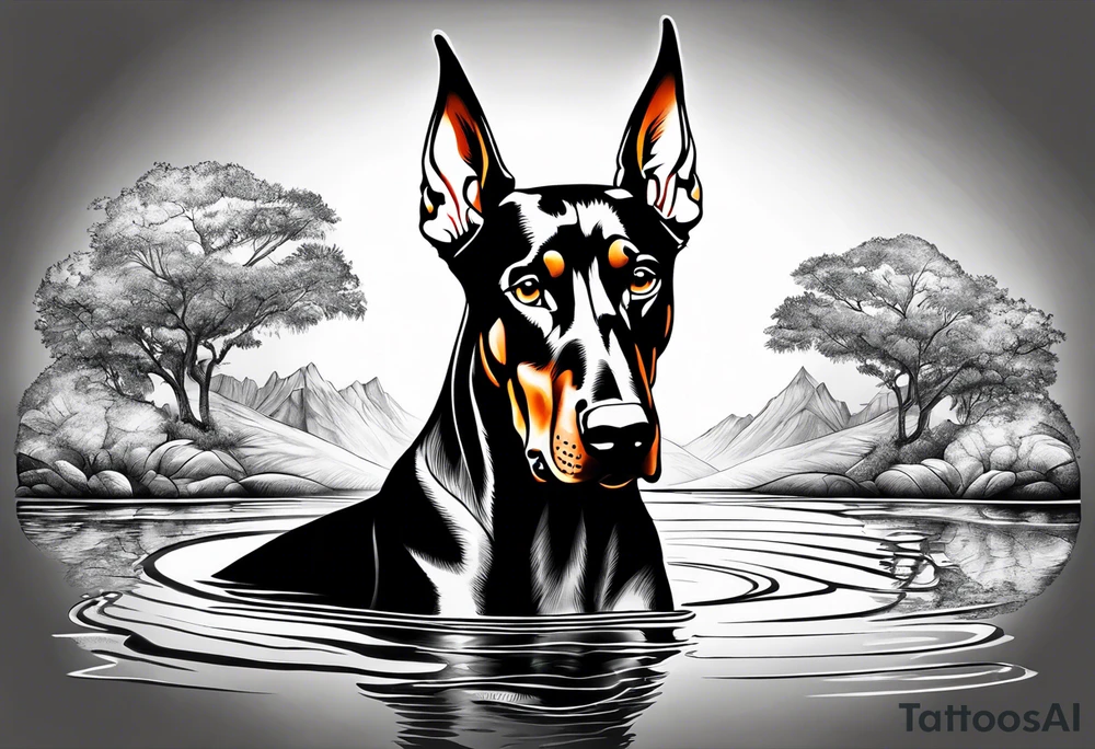 doberman looking into its own water reflection tattoo idea