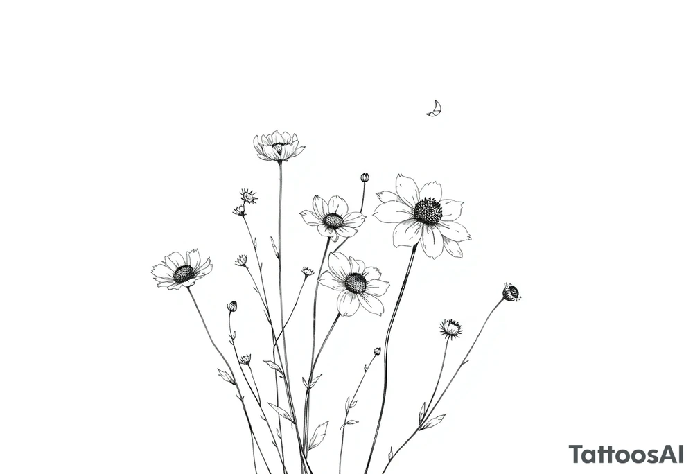 Wildflowers in the Wind (Detailed Linework)
A realistic fine-line tattoo of wildflowers with some petals or leaves being carried away by the wind.
The flowers can be intricately shaded for depth, and the wind can be represented with delicate, flowing lines.
Placement: Forearm, ribcage, or back of the shoulder. tattoo idea