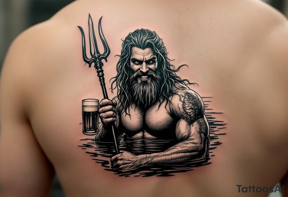 young, smiling, fit poseidon in calm water, holding a trident, drinking a beer, with sunset tattoo idea
