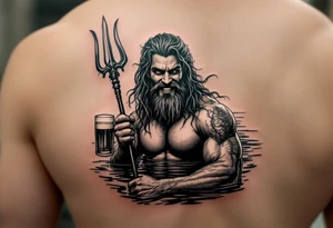 young, smiling, fit poseidon in calm water, holding a trident, drinking a beer, with sunset tattoo idea