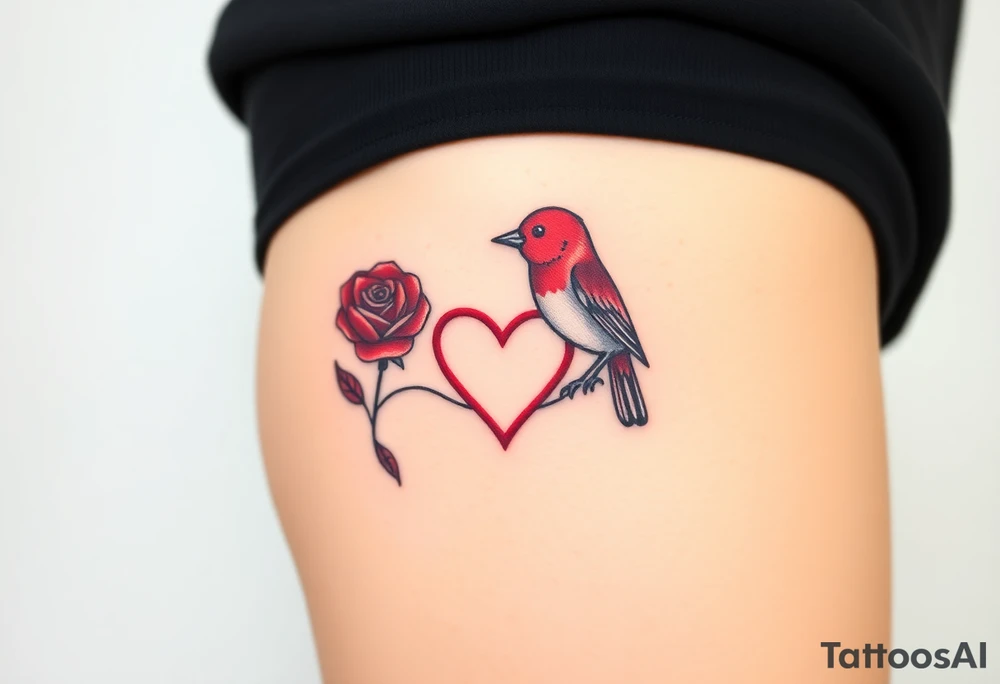 Small red rose and red robin with a infinity heart on hip tattoo idea