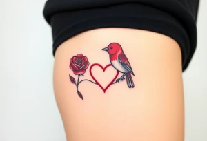 Small red rose and red robin with a infinity heart on hip tattoo idea