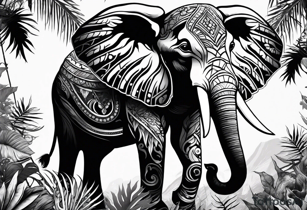 “A majestic elephant with its trunk raised, surrounded by tropical foliage, symbolizing memory and strength tattoo idea