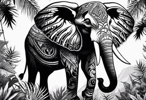 “A majestic elephant with its trunk raised, surrounded by tropical foliage, symbolizing memory and strength tattoo idea