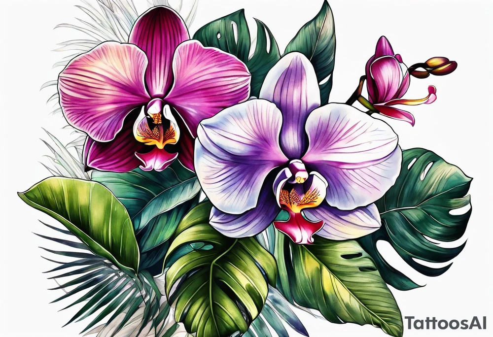 Tropical foliage and orchids tattoo idea