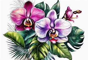 Tropical foliage and orchids tattoo idea