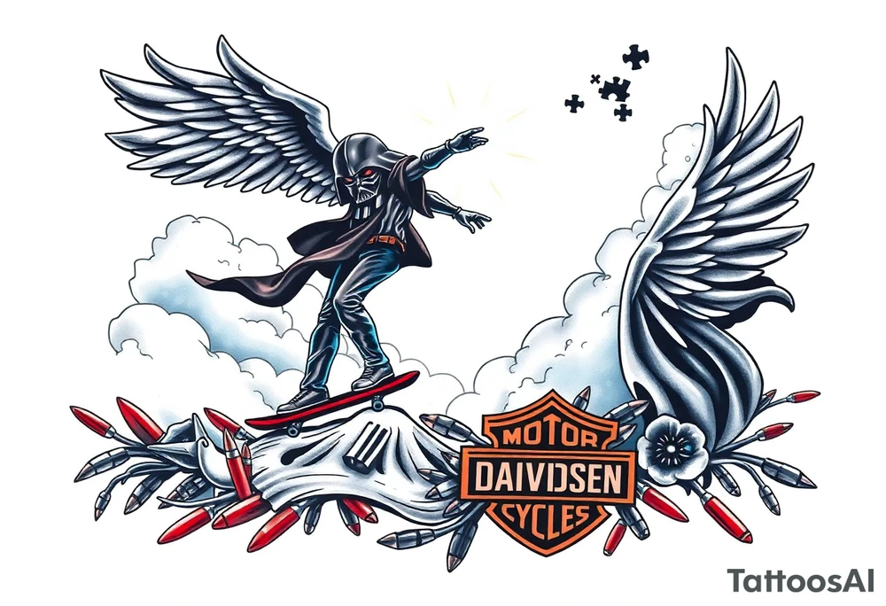 darth vader skateboarding, heaven, outdoors, Harley Davidson, bullets, puzzle red & blue colors

WORDS "Seth J. Carter"
12/29/88-01/06/24 tattoo idea