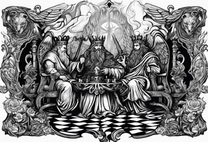 Illustrate a powerful scene where the angelic king checkmates the demonic king, symbolizing the triumph of good over evil in the strategic game of life. tattoo idea