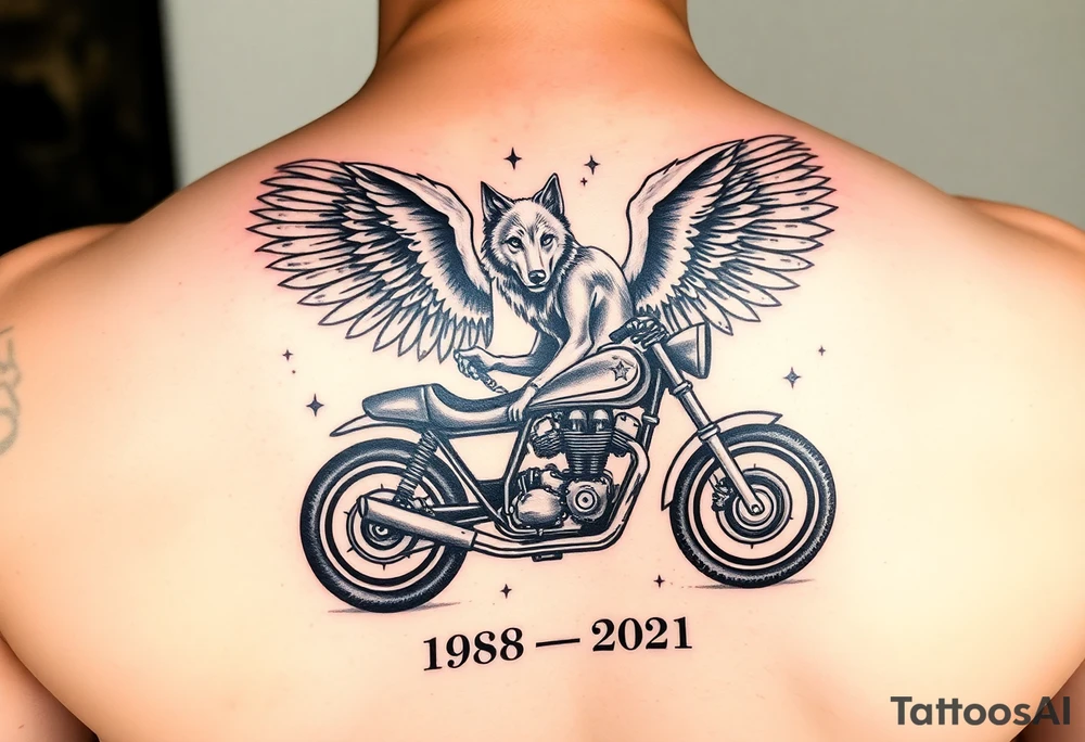 the year 1958 - 2021 with a motorcycle on it with guardian angel wolves tattoo idea
