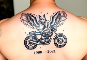 the year 1958 - 2021 with a motorcycle on it with guardian angel wolves tattoo idea