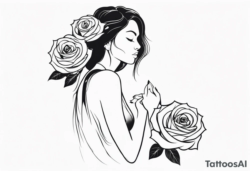 Bloomed rose attached with female body, kneeling tattoo idea