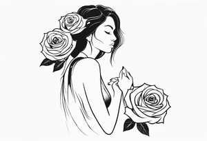 Bloomed rose attached with female body, kneeling tattoo idea