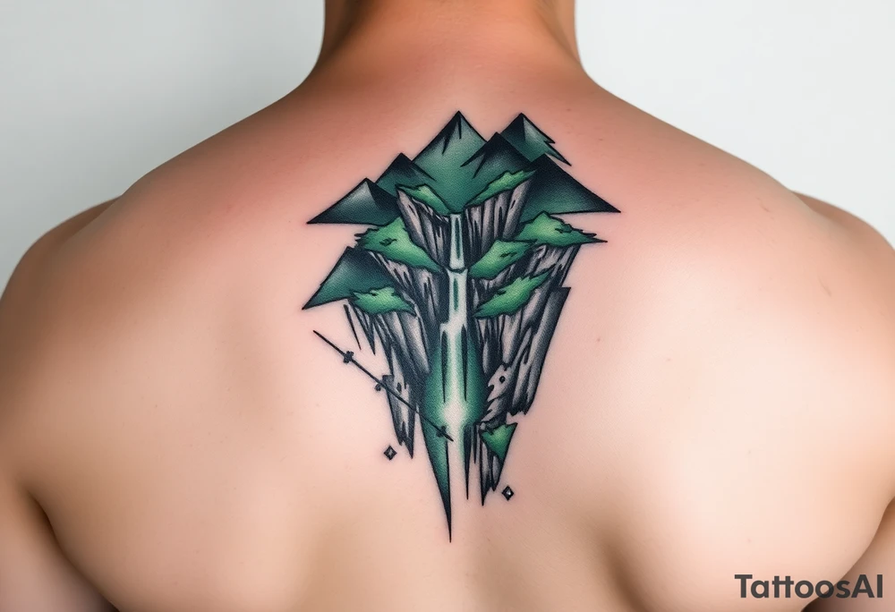 သား  surrounded by a colorful green mountainside with a waterfall tattoo idea