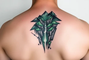 သား  surrounded by a colorful green mountainside with a waterfall tattoo idea