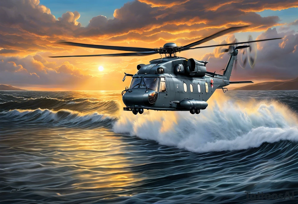 A detailed 4K drawing of a Canadian military grey CH-148 Cyclone helicopter soaring low over rough, ocean waves. The sun is setting, casting a dramatic glow on the scene with realistic clouds and a specular reflection of the helicopter on the water. The helicopter should be the main focus, with intricate details and a sense of motion. In the background, a poppy be prominently displayed tattoo idea
