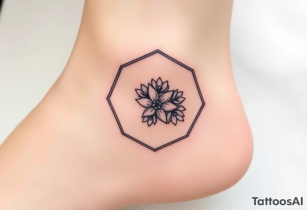 Faint Hexagon with Leo, larkspur and water lilies in the center tattoo idea