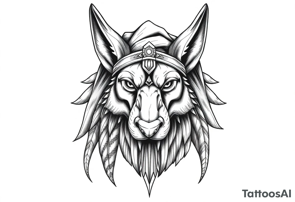 Egyptian Anubis god powerful face muscle in Egypt style with mantle on head dog face long ears tattoo idea