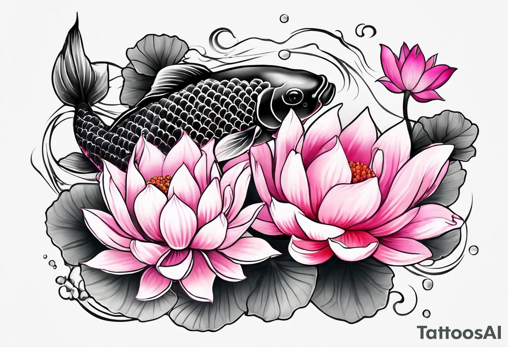 Two pink and black  Koi swimming between and lotus flowers tattoo idea
