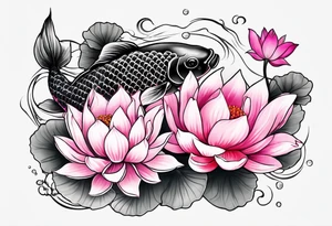 Two pink and black  Koi swimming between and lotus flowers tattoo idea