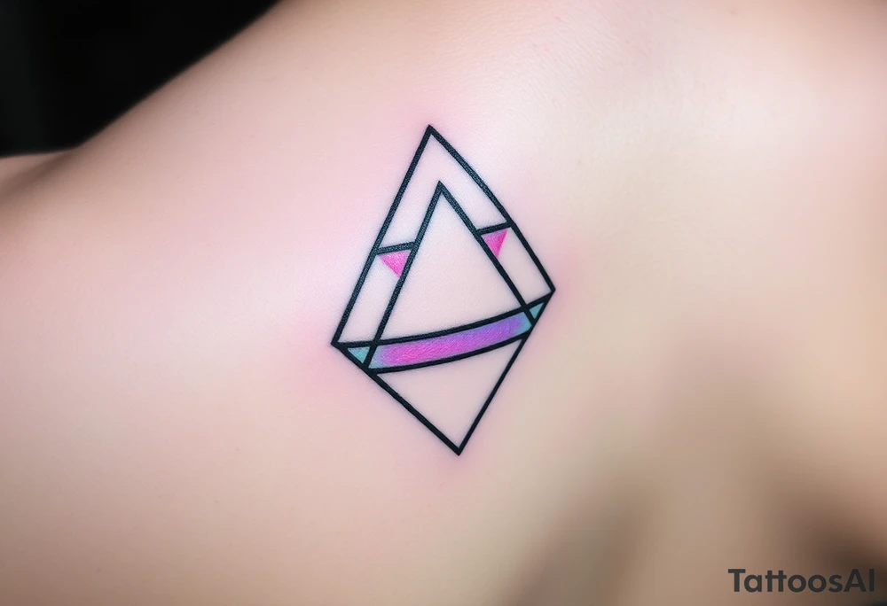 A fine line tattoo design on skin. An impossible Penrose triangle constructed from a faceted diamond cut structure. The facets of the diamond structure contain holographic, iridescent psychedelic gradients of purple, turquoise, and neon pink colors. Minimalist style, precise geometric lines, sacred geometry vibes, micro realism tattoo.
I want it to be gentle and small on the hand tattoo idea