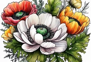 a white anemone with black center with thistles, green ferns, ranuculus, yellow sun flowers, red flowers, pink flowers, orange flowers, yellow flowers in watercolor tattoo idea