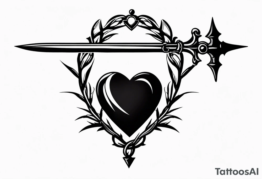 A simple design of a crown of thorns resting on the guard of a sword that is piercing a heart tattoo idea