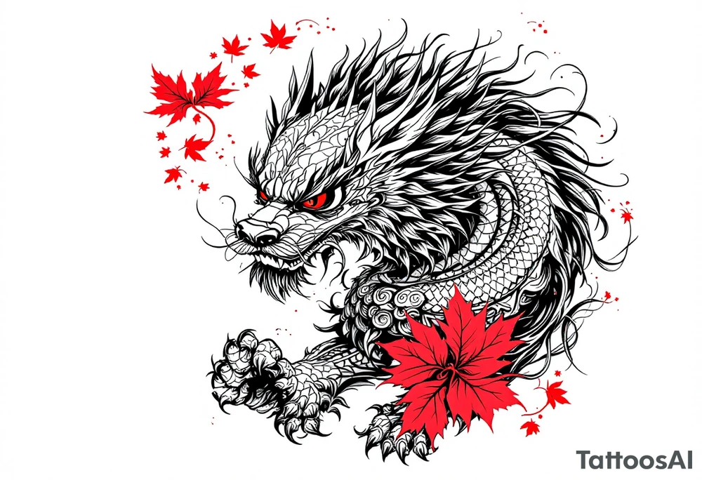 mythical Foo Dog (Half dog, half lion)  with wind and red maple leaf ornament tattoo idea