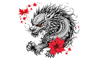 mythical Foo Dog (Half dog, half lion)  with wind and red maple leaf ornament tattoo idea