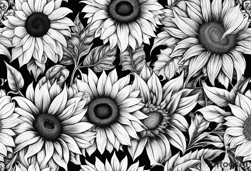 Sunflowers and angel wings leg sleeve tattoo idea