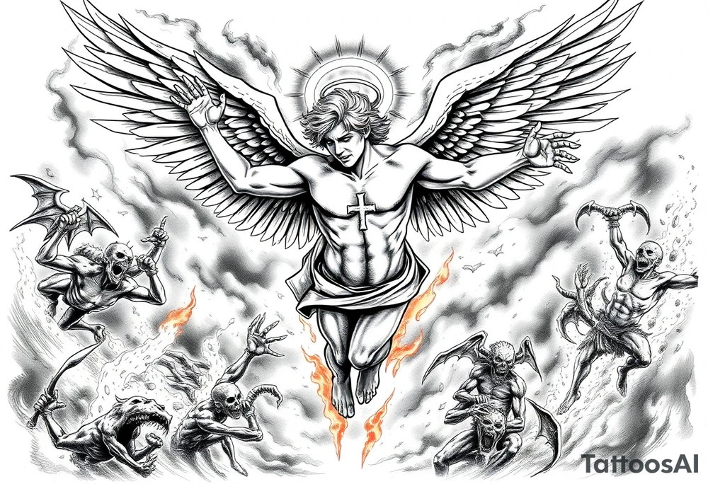A fallen angel falling from heaven to hell , his wings catch fire and partially burn his halo breaks, Demons and dead souls reach out for him, he has a sexy demon women  holding onto his side as he falls , fire and smoke throughout the backround with creatures lurking in the back, theres an upside diwn cross burnt into his chest tattoo idea