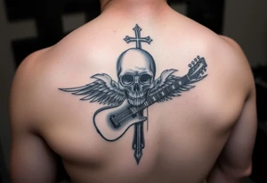 I would like to get a tattoo of a skull and a cross and in a guitar for your upper arm that would be covered with a sleeve and I want it just black and gray tattoo idea