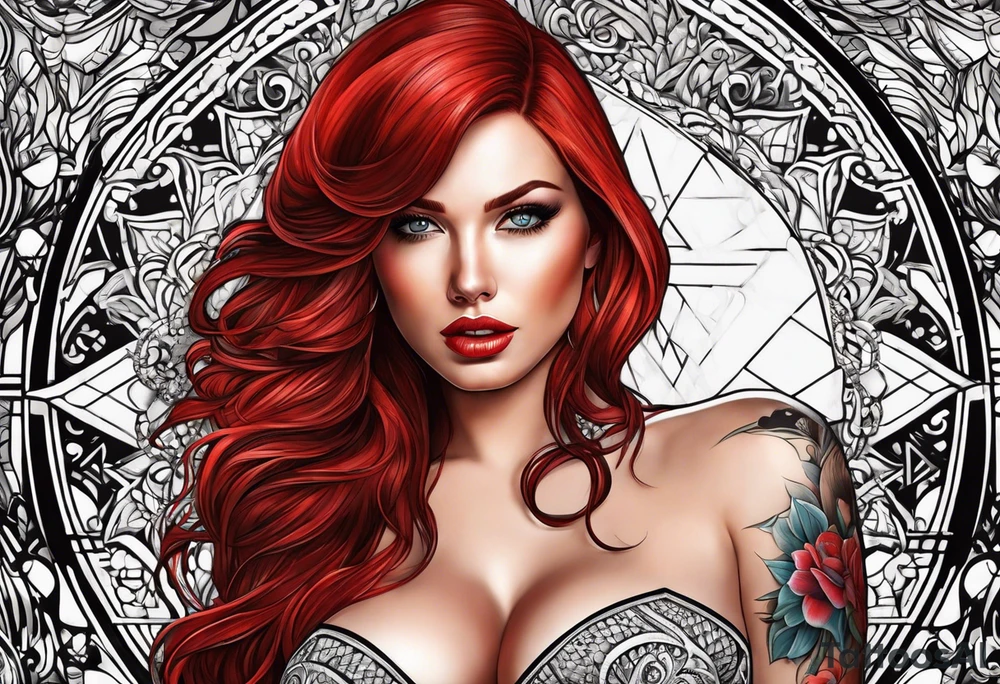 Busty red haired woman with a bearded man who has black hair tattoo idea