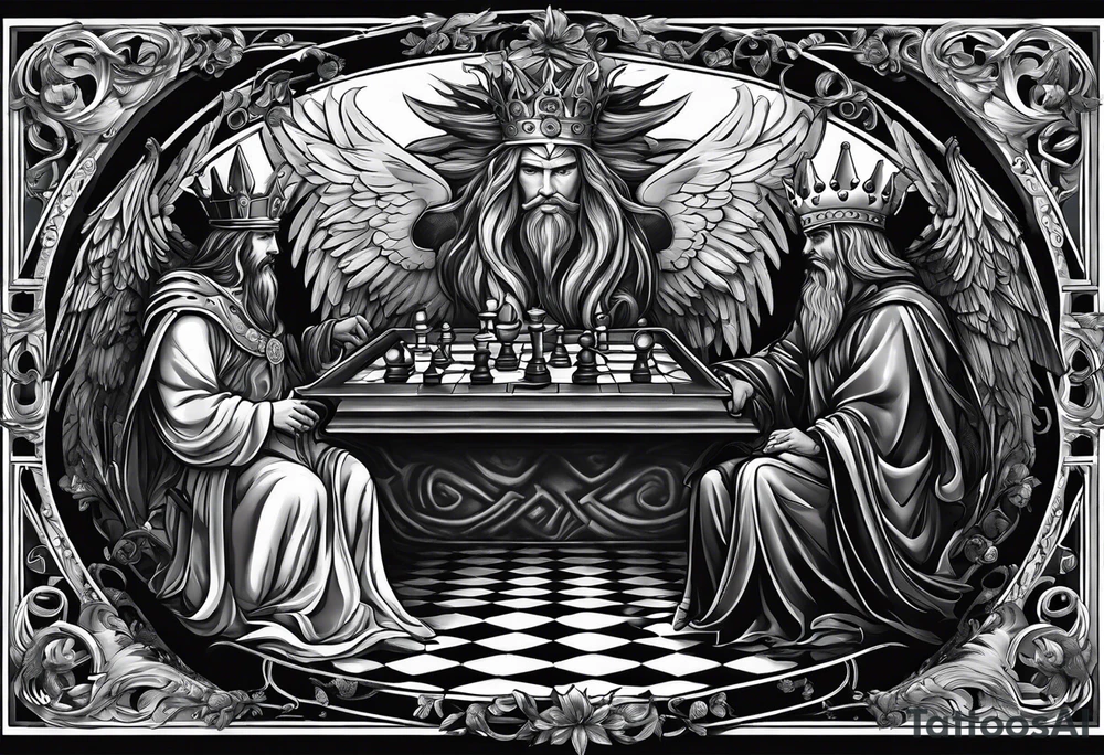 Illustrate a powerful scene where the angelic king checkmates the demonic king, symbolizing the triumph of good over evil in the strategic game of life. tattoo idea