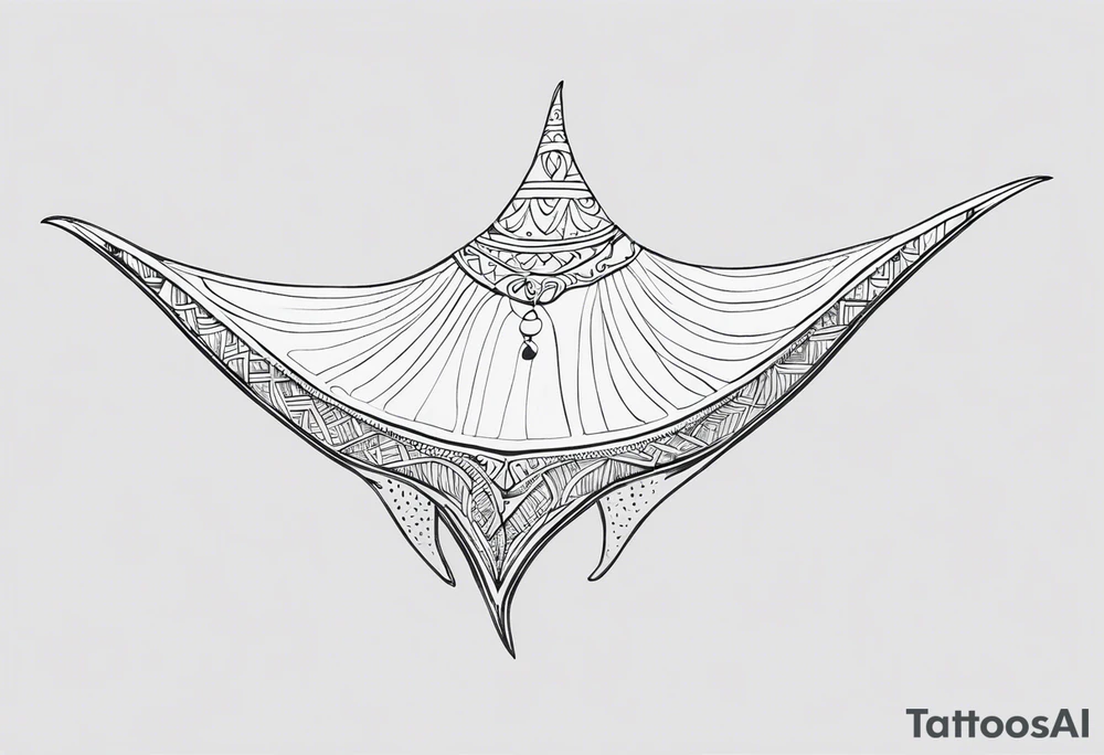 Tattoo sketch of manta ray in contour, without shadows and background, made of sacred ornament, minimalistic design, without thick lines and dark spots, while maintaining the shape of Manta Ray tattoo idea