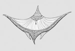 Tattoo sketch of manta ray in contour, without shadows and background, made of sacred ornament, minimalistic design, without thick lines and dark spots, while maintaining the shape of Manta Ray tattoo idea