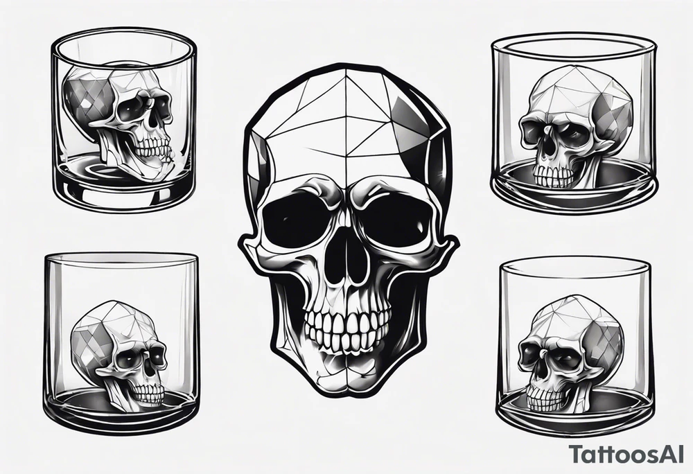 A smiling looking to the left scull inside the glass with alcohol and piece of lime tattoo idea