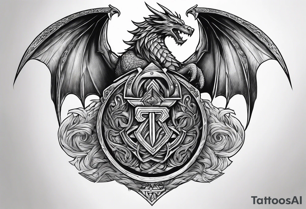 Valhalla sword shield dragon axe Valknut steps tattoo idea