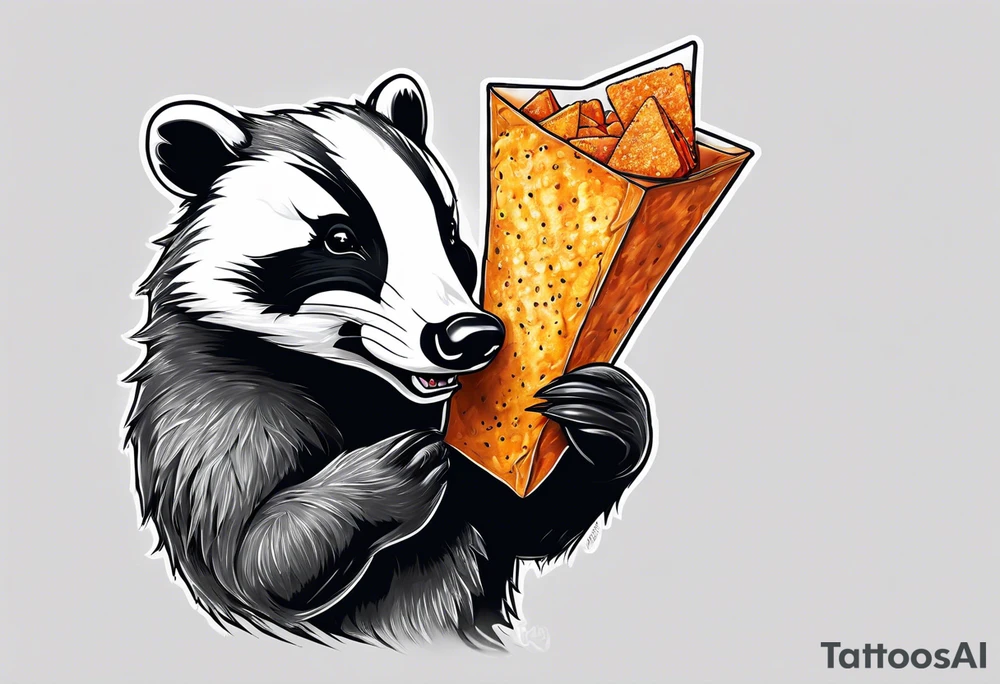 Angry badger with mouth open holding Doritos tattoo idea