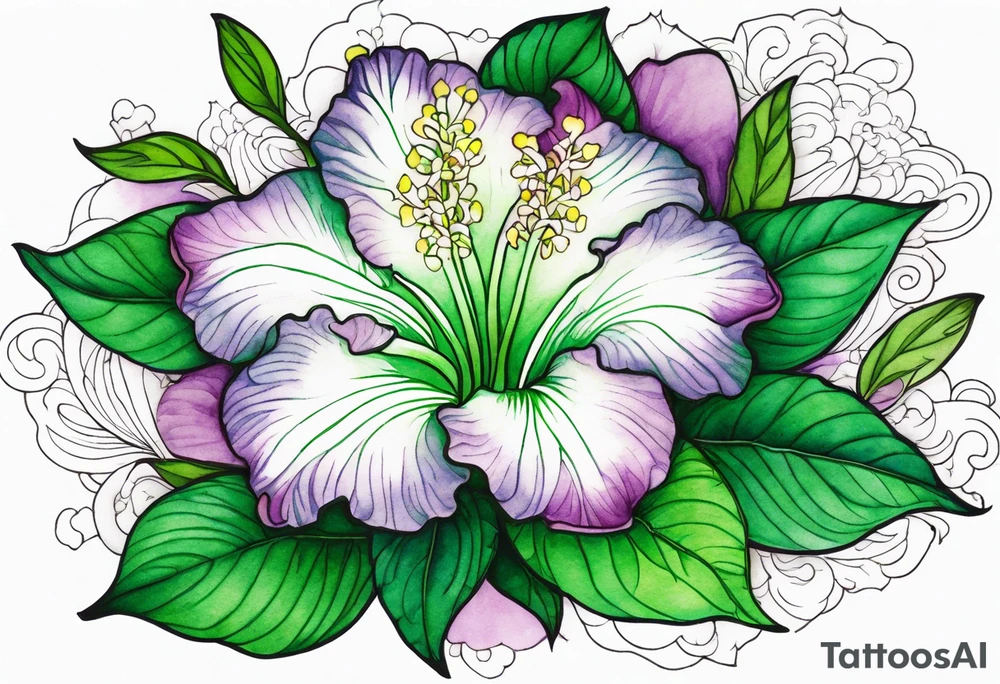 An outline of a green rio dipladenia flower and a green/purple watercolor in the background tattoo idea