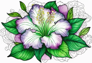 An outline of a green rio dipladenia flower and a green/purple watercolor in the background tattoo idea