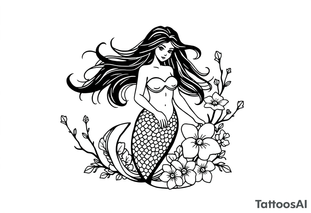 ethereal mermaid with flowing hair among coral and sea flowers tattoo idea