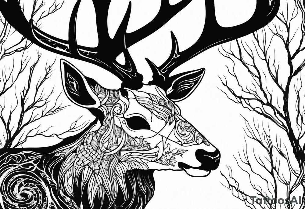 side profile of a DECAYING deer skull JUST BONE surrounded by a flames and trees tattoo idea