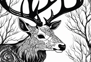 side profile of a DECAYING deer skull JUST BONE surrounded by a flames and trees tattoo idea