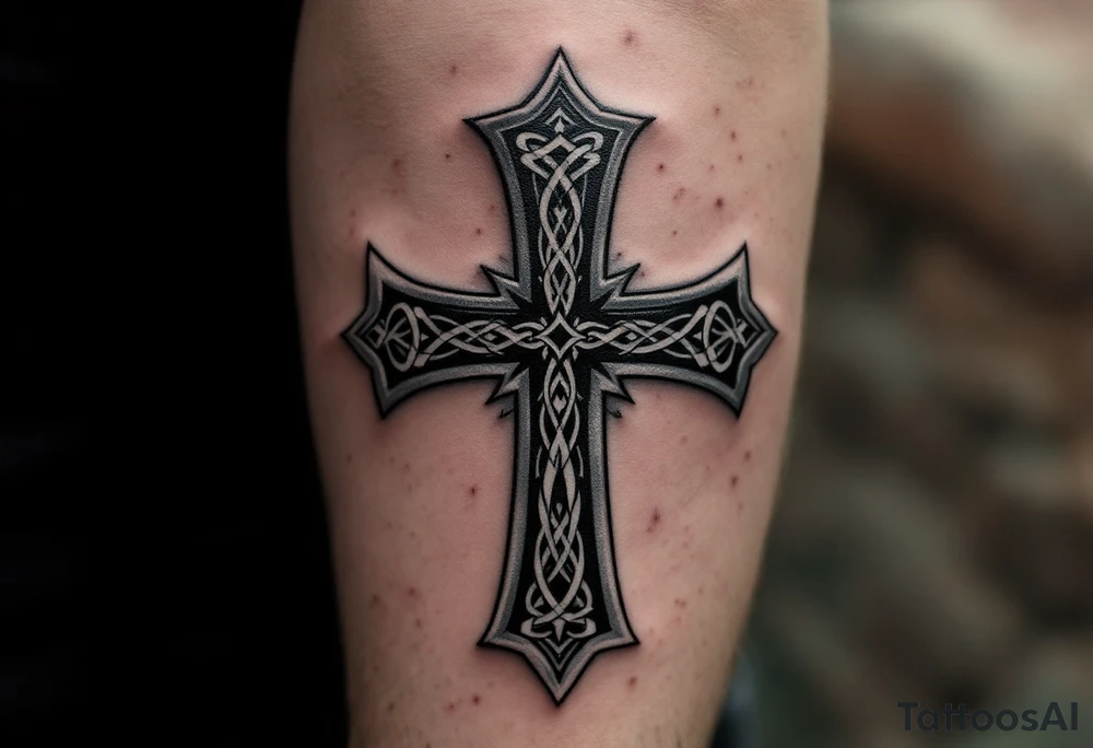 A shadowy gray Celtic cross with subtle shading, creating a ghostly, mysterious effect. tattoo idea